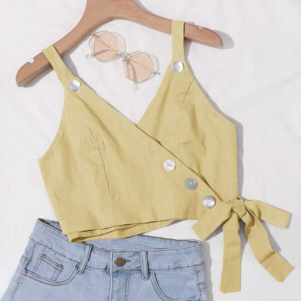 

Button Detail Tie Hem Wrap Crop Top, Yellow pastel
