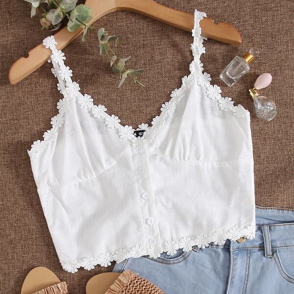 

Floral Guipure Lace Applique Button Front Cami Top, White