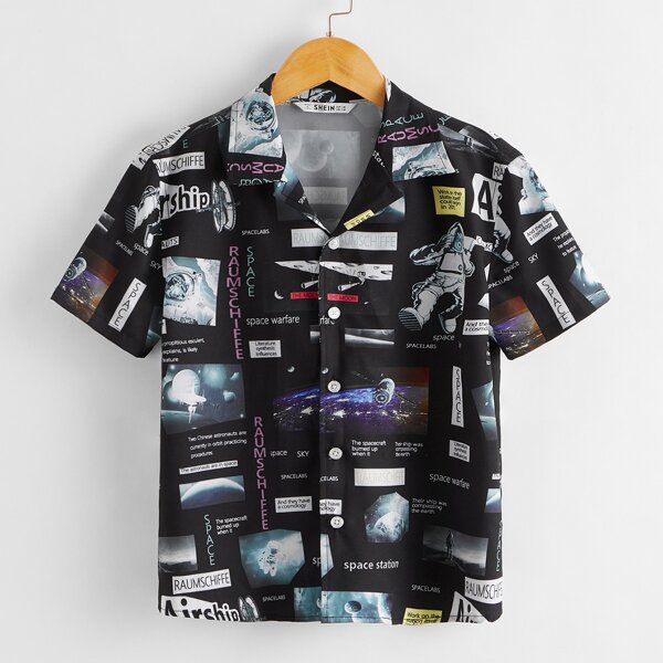 

Boys Notch Collar Letter Graphic Shirt, Black
