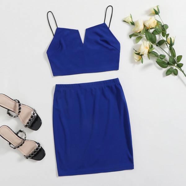 

Notch Neck Cami Top and Bodycon Skirt Set, Blue