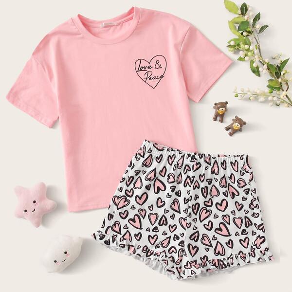 

Girls Letter And Heart Print Top & Shorts PJ Set, Multicolor