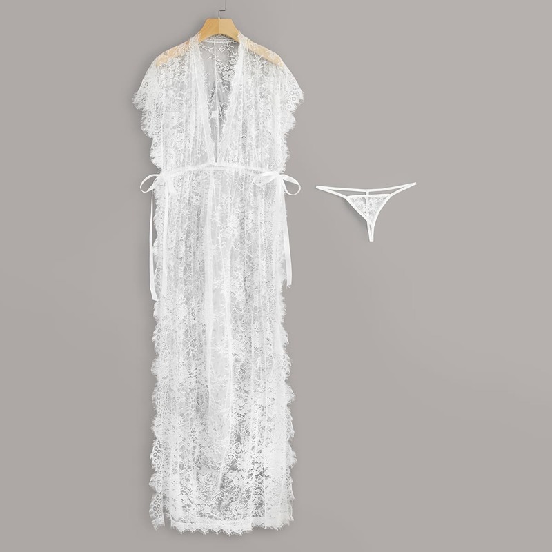 

Floral Lace Sheer High Split Dress With Thong, White