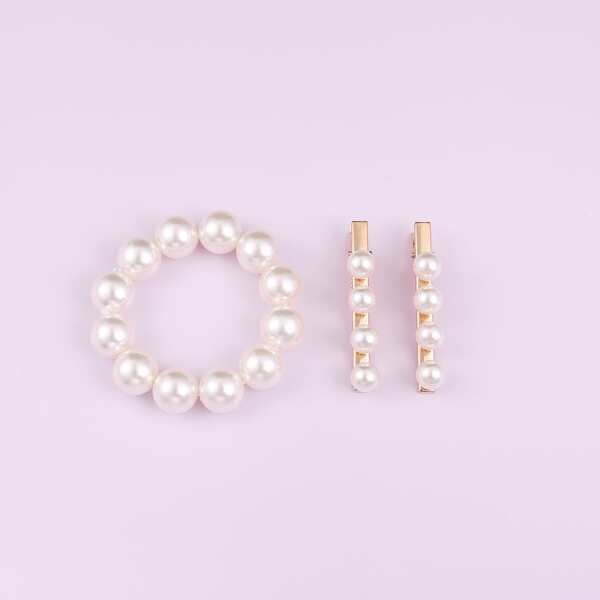 

3pcs Faux Pearl Beaded Hair Accessory, White