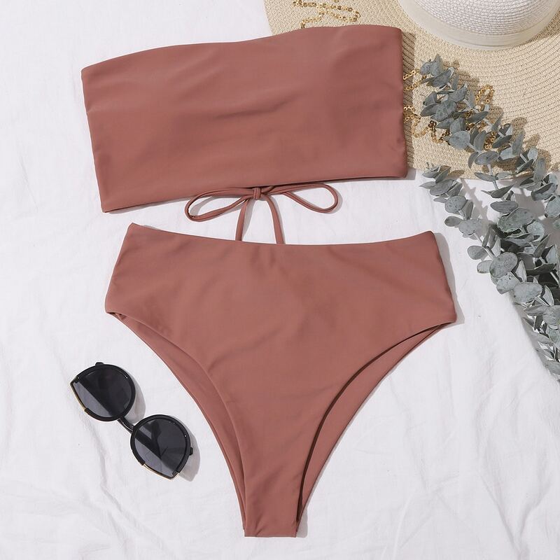 

Lace-up Back Bandeau High Waisted Bikini Swimsuit, Brown