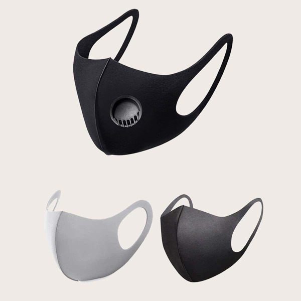 

3pcs Plain Face Mask With Valve, Black and white