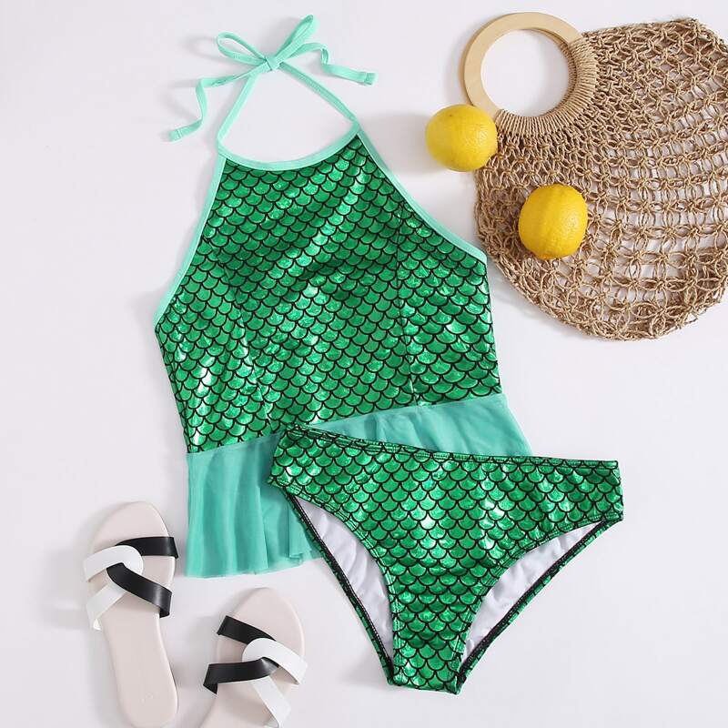 

Fish Scales Ruffle Hem Halter Bikini Swimsuit, Green