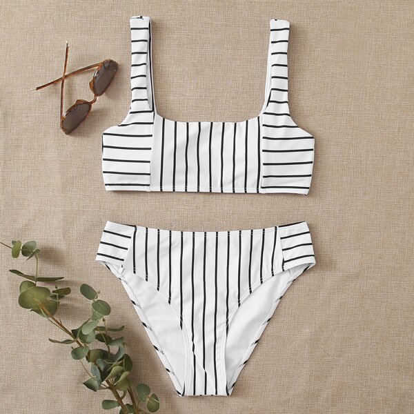 

Striped Square Neck Bikini Swimsuit, Black and white