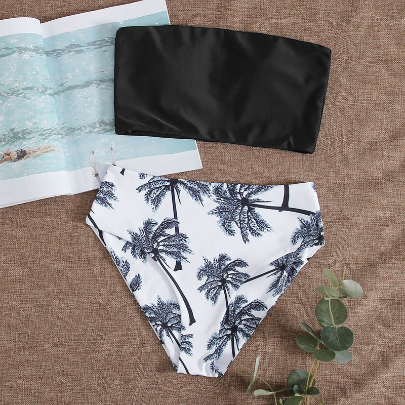 

Palm Print Bandeau Bikini Swimsuit, Black and white