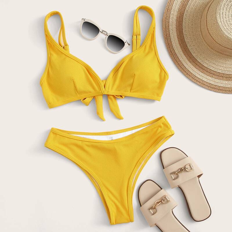 

Rib Knot Back Bikini Swimsuit, Yellow