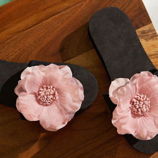 

Open Toe Flower Appliques Sliders, Pink