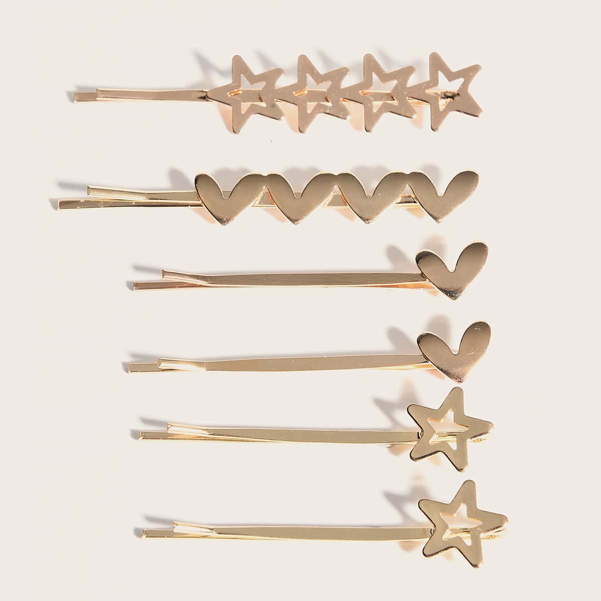

6pcs Star & Heart Decor Hair Pin, Gold