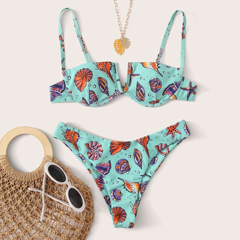 

Shell Print V Wired Underwire Bikini Swimsuit, Multicolor