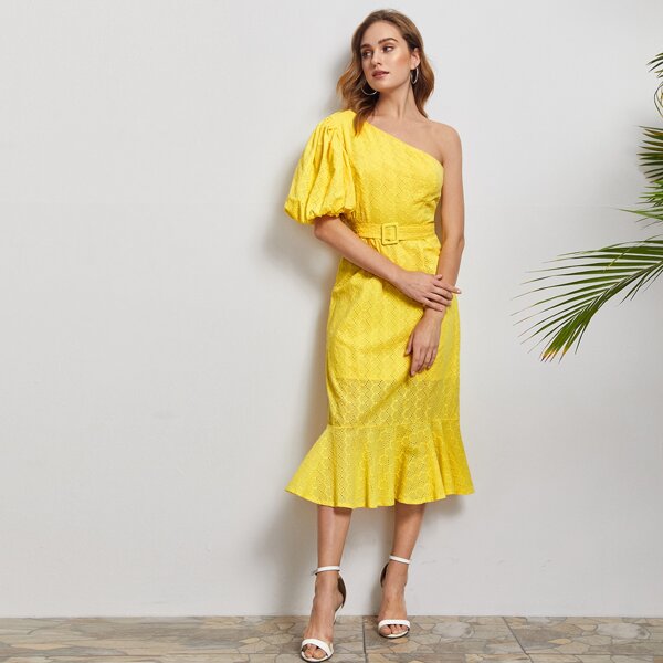 

One Shoulder Puff Sleeve Buckle Belted Schiffy Dress, Yellow
