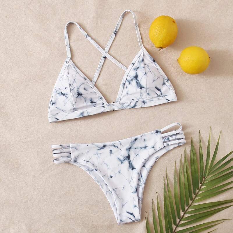 

Marble Pattern Criss Cross Bikini Swimsuit, White
