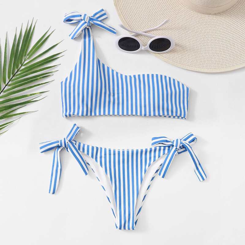 

Striped One Shoulder Tie Side Bikini Swimsuit, Blue