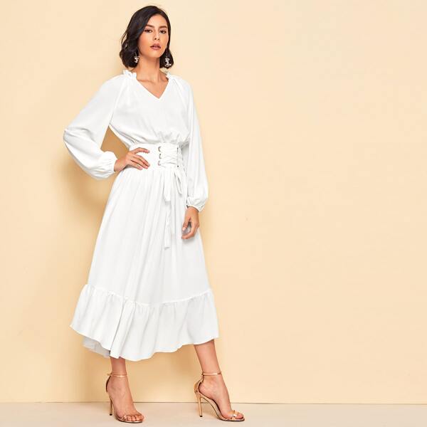 

Frill Trim Lace Up Shirred Waist Dress, White