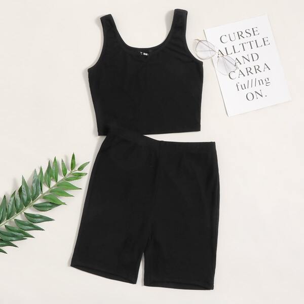 

Solid Crop Tank Top & Shorts Set, Black