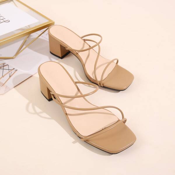 

Thin Strap Chunky Heeled Mules, Apricot