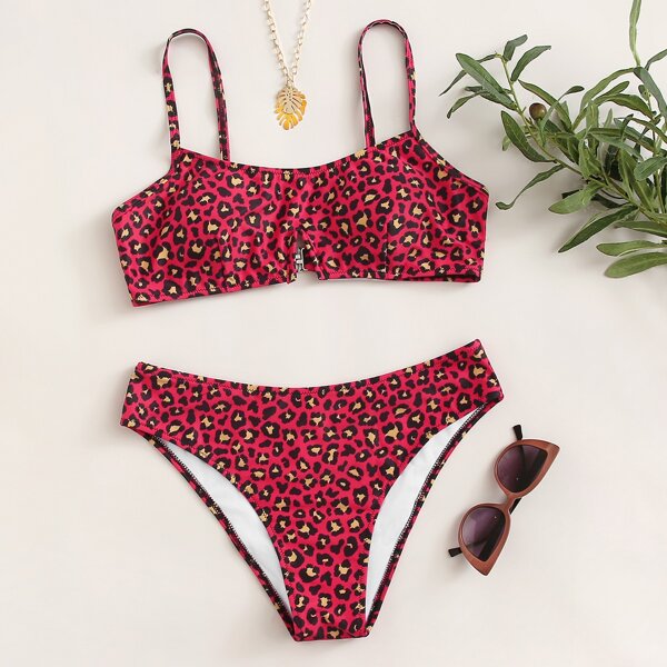 

Leopard Adjustable Strap Bikini Swimsuit, Red