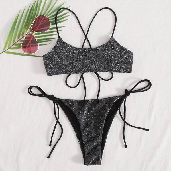 

Glitter Tie Side Bikini Swimsuit, Black