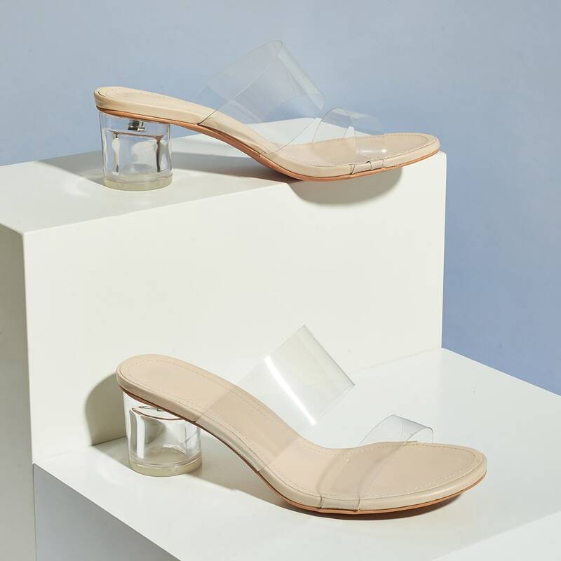 

Clear Double Band Chunky Heeled Mules