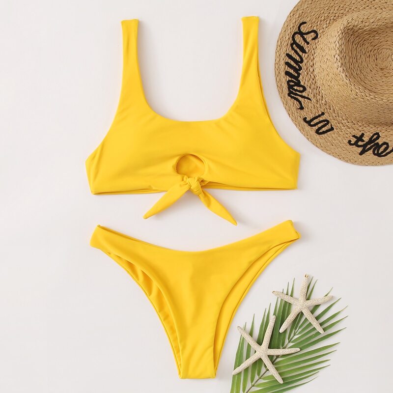 

Cut Out Knot Front Bikini Swimsuit, Yellow