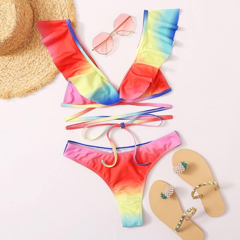 

Ombre Ruffle Triangle Bikini Swimsuit, Multicolor