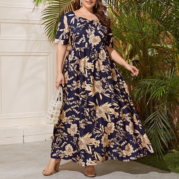 

Plus Large Floral Sweetheart Ruched Maxi Dress, Multicolor