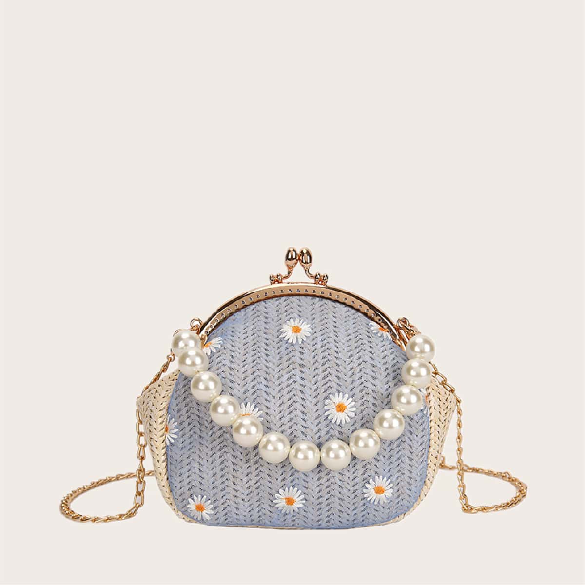 

Faux Pearl Handle Daisy Floral Woven Satchel Bag, Blue
