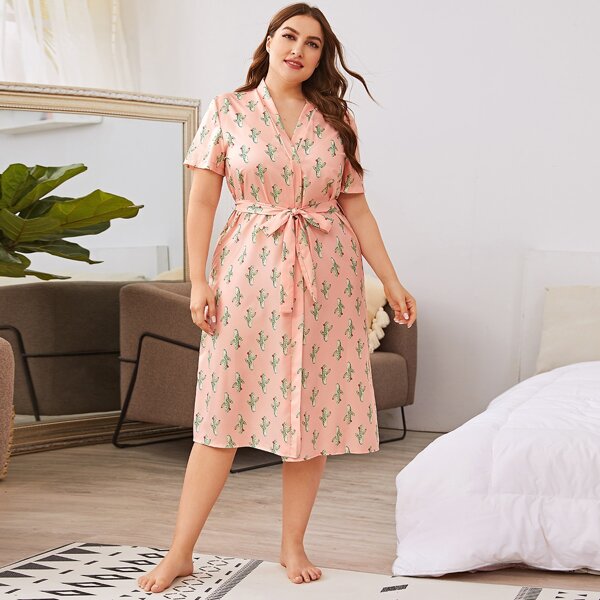 

Plus Allover Cactus Print Belted Robe, Pink