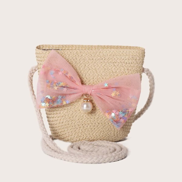

Girls Bow Decor Woven Crossbody Bag, Khaki