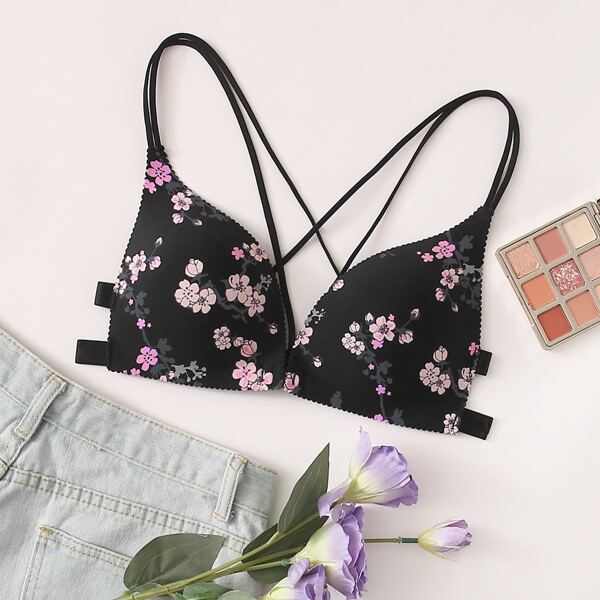 

Ditsy Floral Twin Strap Bra, Black