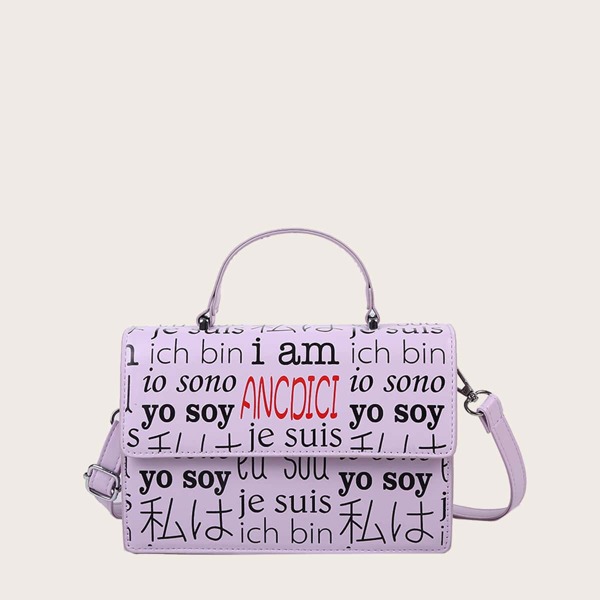 

Slogan Graphic Satchel Bag, Purple