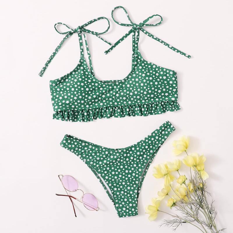 

Ditsy Floral Ruffle Hem High Cut Bikini Swimsuit, Green