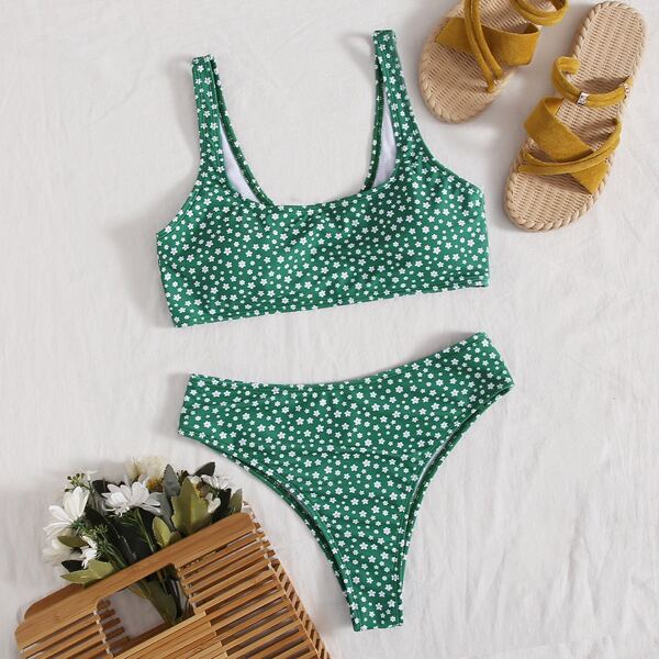 

Ditsy Floral Print Bikini Swimsuit, Green