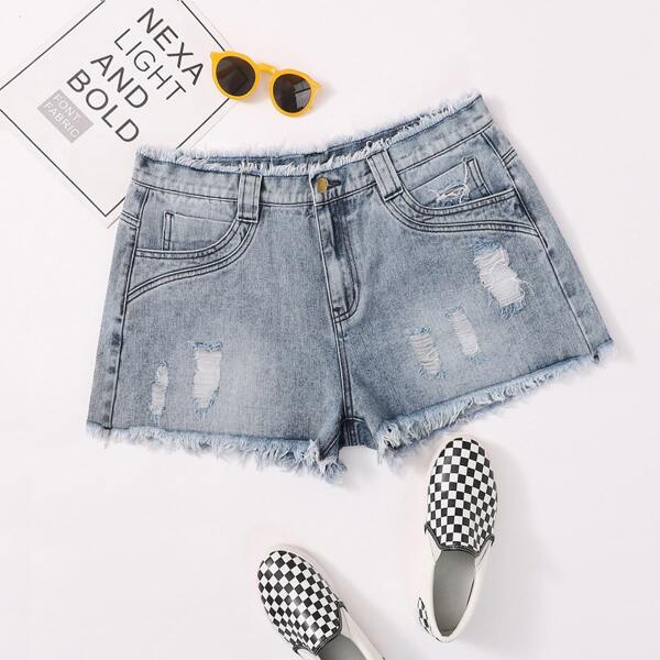 

Plus Raw Hem Ripped Denim Shorts, Blue