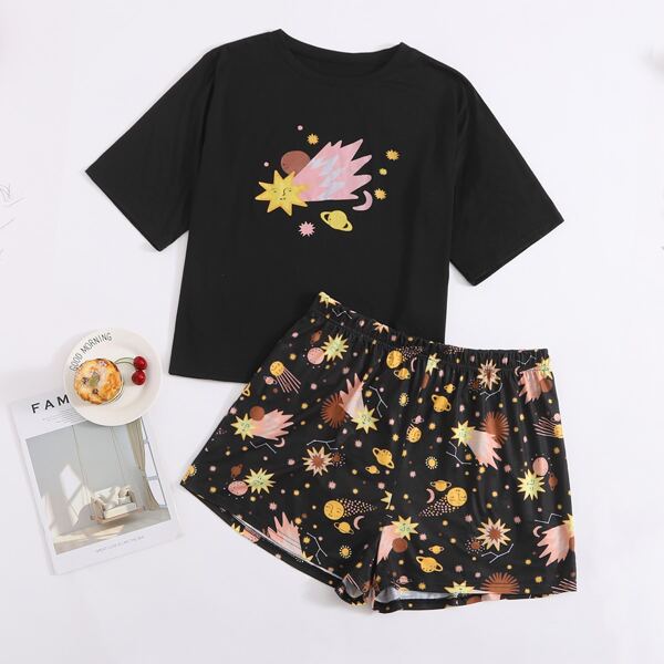 

Plus Cartoon Graphic PJ Set, Black