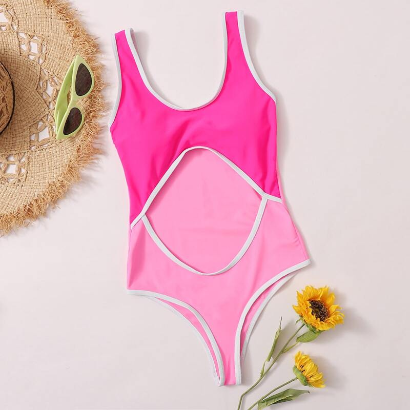 

Contrast Binding Cut-out Front One Piece Swimsuit, Pink