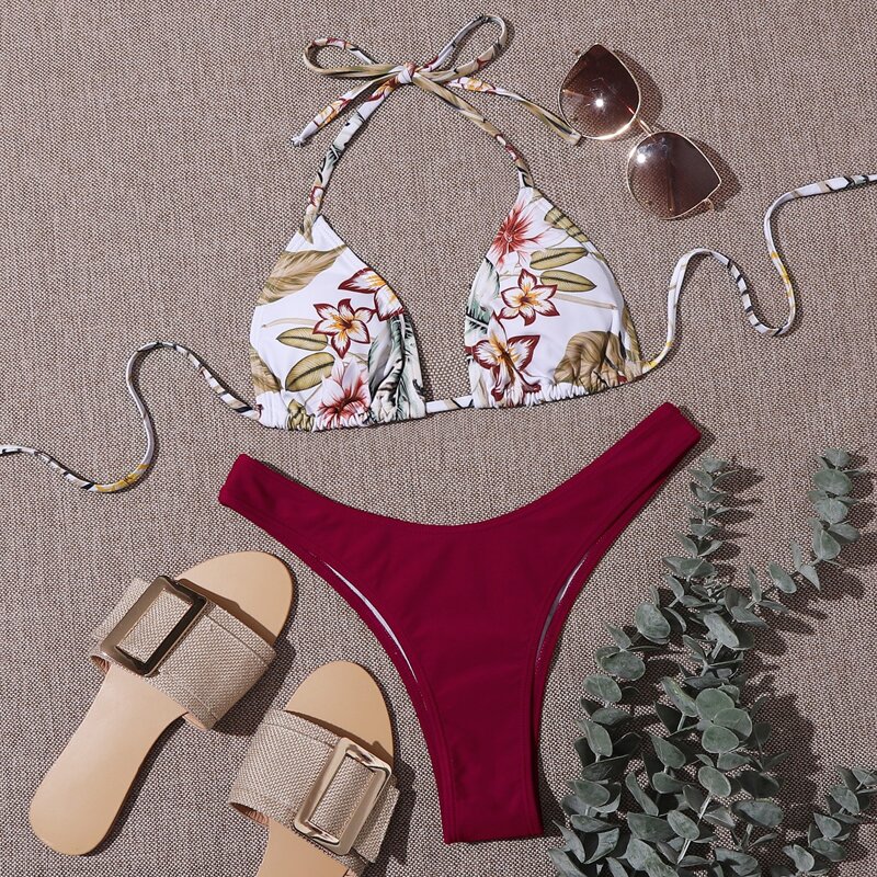 

Floral Triangle High Cut Bikini Swimsuit, Multicolor