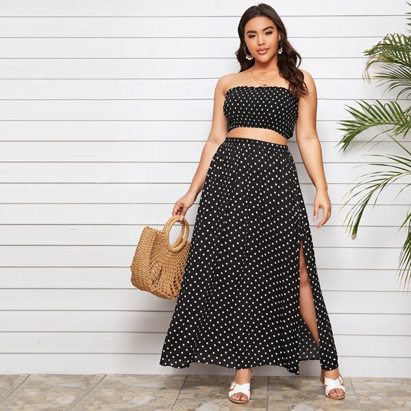 

Plus Polka Dot Tube Top & Slit Maxi Skirt Set, Black