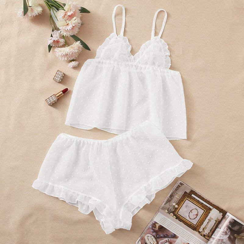 

Swiss Dot Mesh Cami & Ruffle Shorts, White