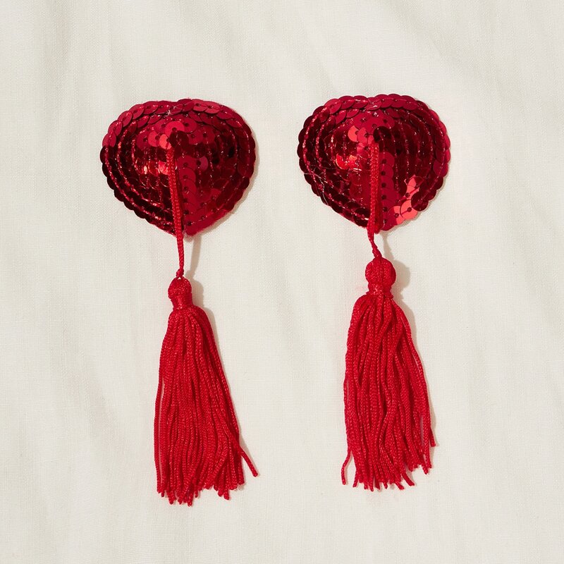 

Sequin Heart Tassel Nipple Covers, Red