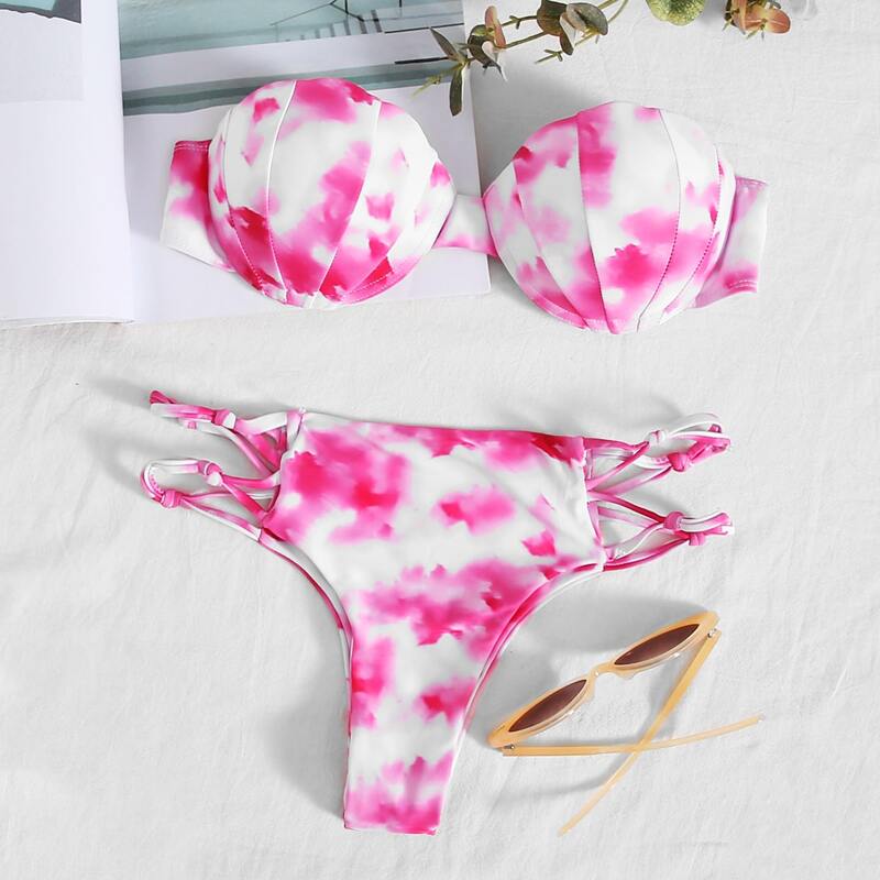 

Tie Dye Push Up Bandeau Bikini Swimsuit, Pink