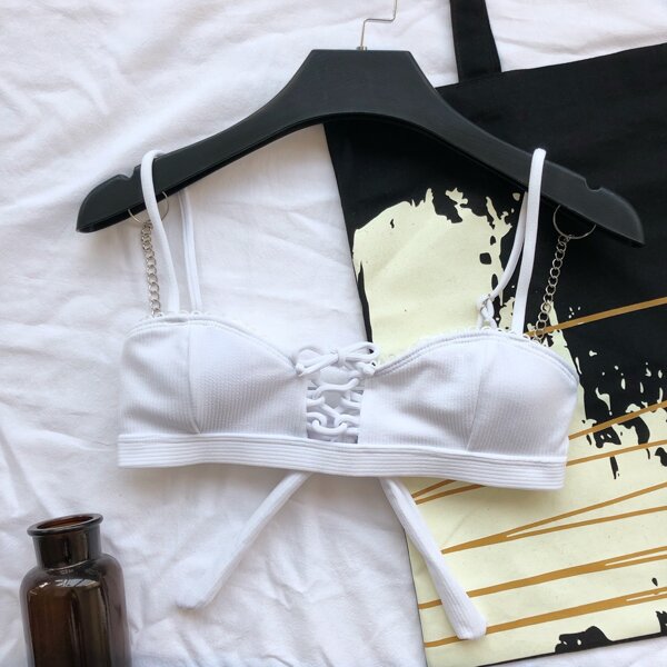 

Rib Lace-up Bikini Top, White