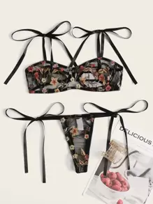 ROMWE Fairycore Floral Embroidery Bra & Side Tie Thong Lingerie - Black - View 1