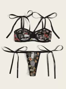 ROMWE Fairycore Floral Embroidery Bra & Side Tie Thong Lingerie - Black - View 2