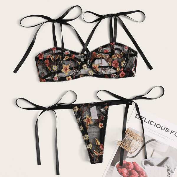 

Floral Embroidery Bra & Side Tie Thong, Black
