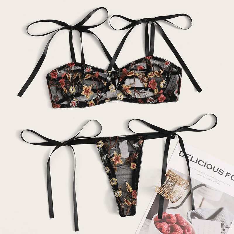 Floral Embroidery Bra & Side Tie Thong, Black