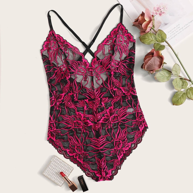 

Floral Embroidery Mesh Teddy Bodysuit, Multicolor