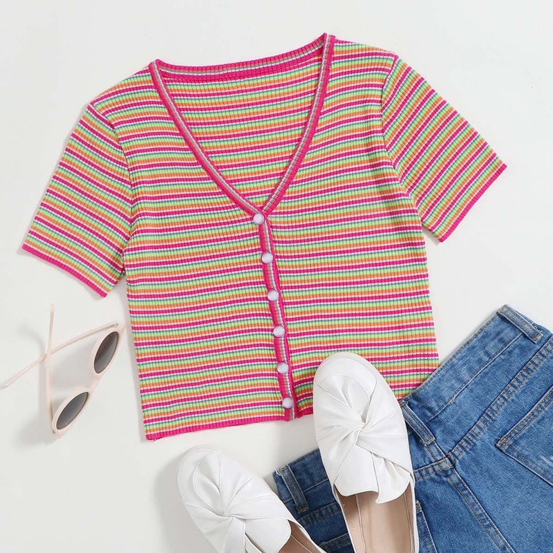 

Button Front Colorful Striped Rib-knit Cardigan, Multicolor